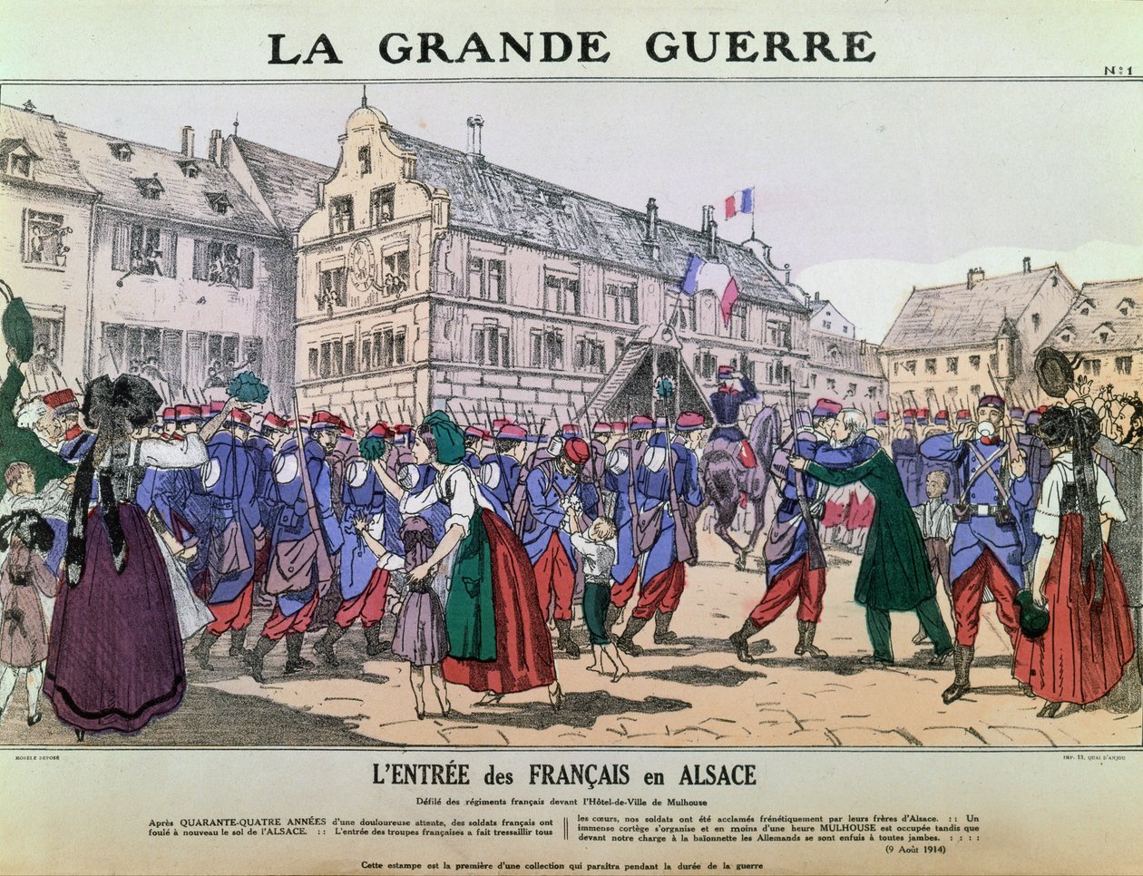 Wkroczenie armii francuskiej do Mulhouse, Alzacja, 9 sierpnia 1914 (kolor lito) autorstwa French School