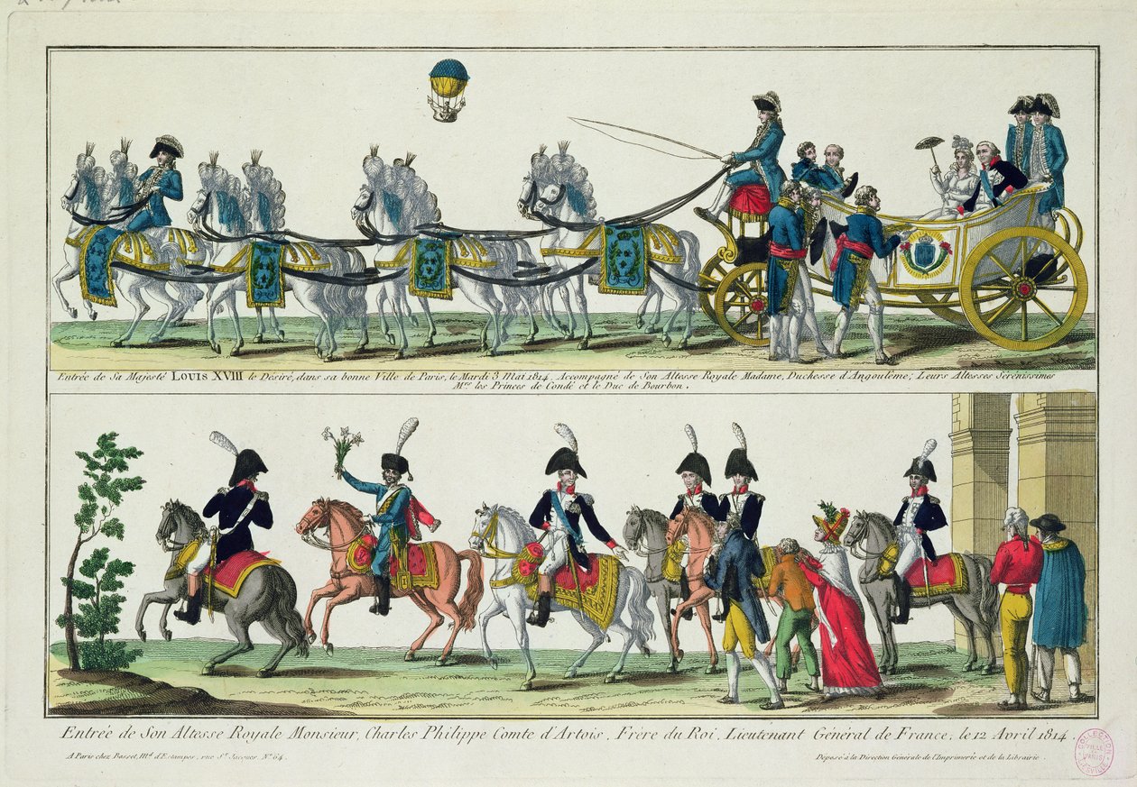 Wjazd do Paryża Karola, hrabiego Artois, 12 kwietnia 1814 i wjazd do Paryża Ludwika XVIII, króla Francji i Nawarry, 3 maja 1814 autorstwa French School