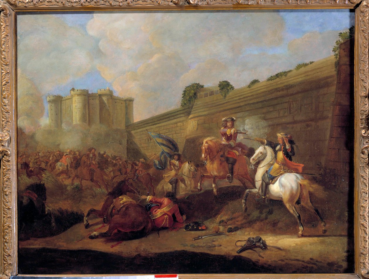 Odcinek de la Fronde w latach 1648-1652: walka dwóch jeźdźców, faubourg Saint Antoine pod murami przeciwskarpy Bastylii Malarstwo Szkoły Francuskiej. XVII wiek. Słońce 0,5x0,72 m² autorstwa French School