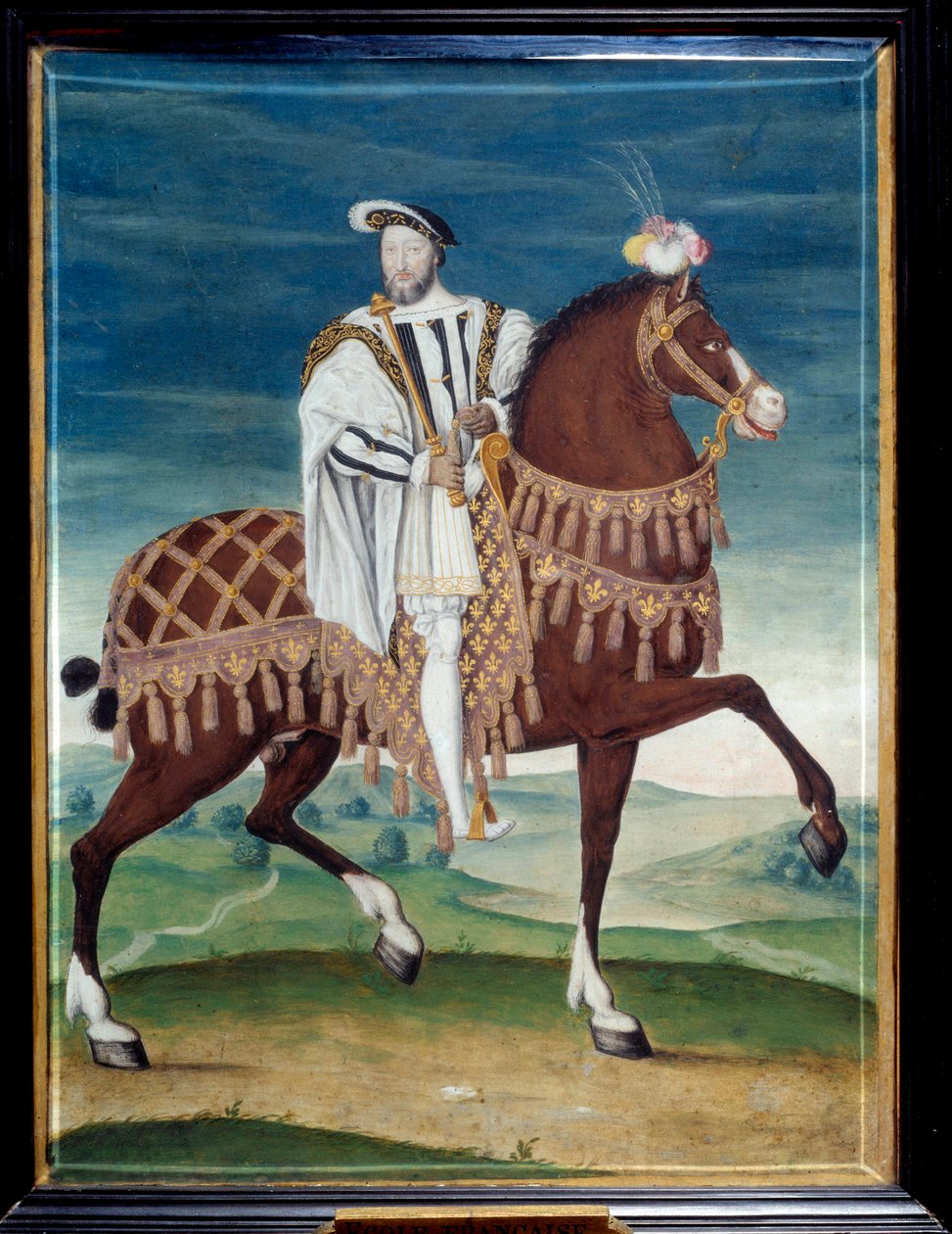 Portret konny Franciszka I (1494-1547), króla Francji Anonimowy obraz szkoły francuskiej. 16 wiek. Ciemny. 0,27x0,205m. Musee Conde, Chantilly - Portret konny Franciszka I (1494-1547), anonimowy król Francji. Malarstwo francuskie autorstwa French School