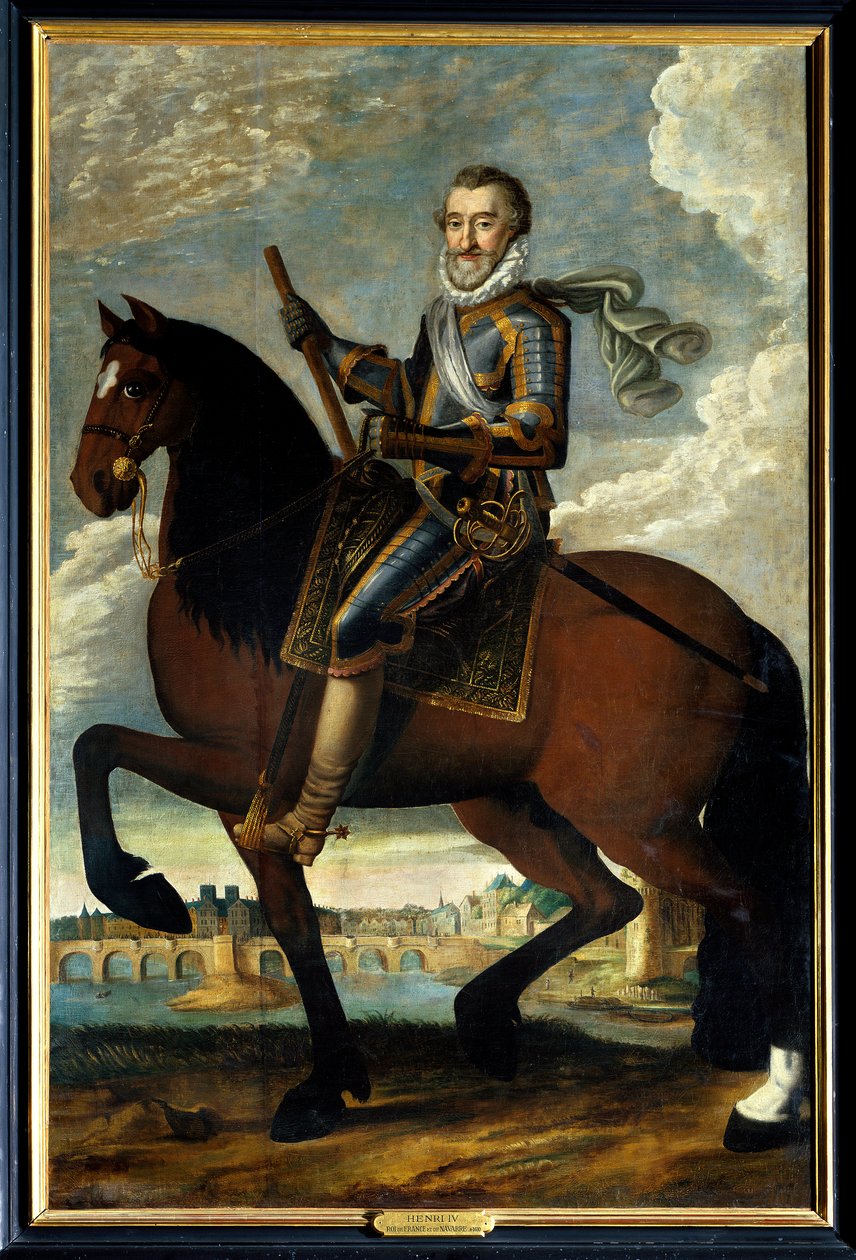 Portret konny Henryka IV (1553-1610) króla Francji przed mostem Pont Neuf w Paryżu. Anonimowy obraz z XVII wieku. Olej na płótnie. Obowiązkowa wzmianka: Sully sur Loire, Chateau de Sully autorstwa French School