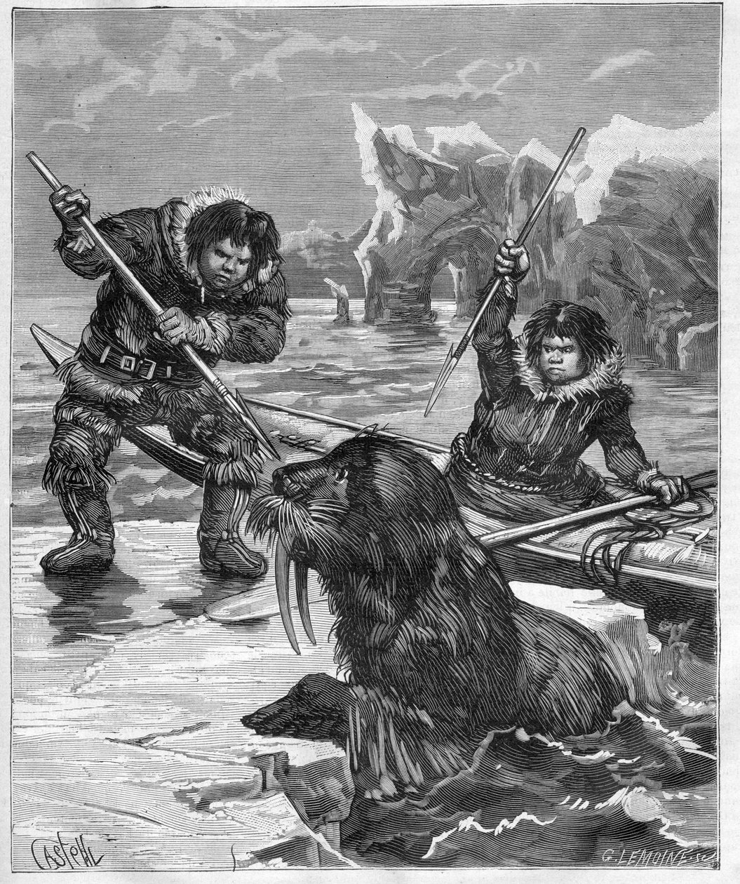 Eskimosi - łowienie morsów - Eskimosi - łowienie morsów w 1888 - - Grawerowanie w „Journal des Voyages”” 1888 autorstwa French School