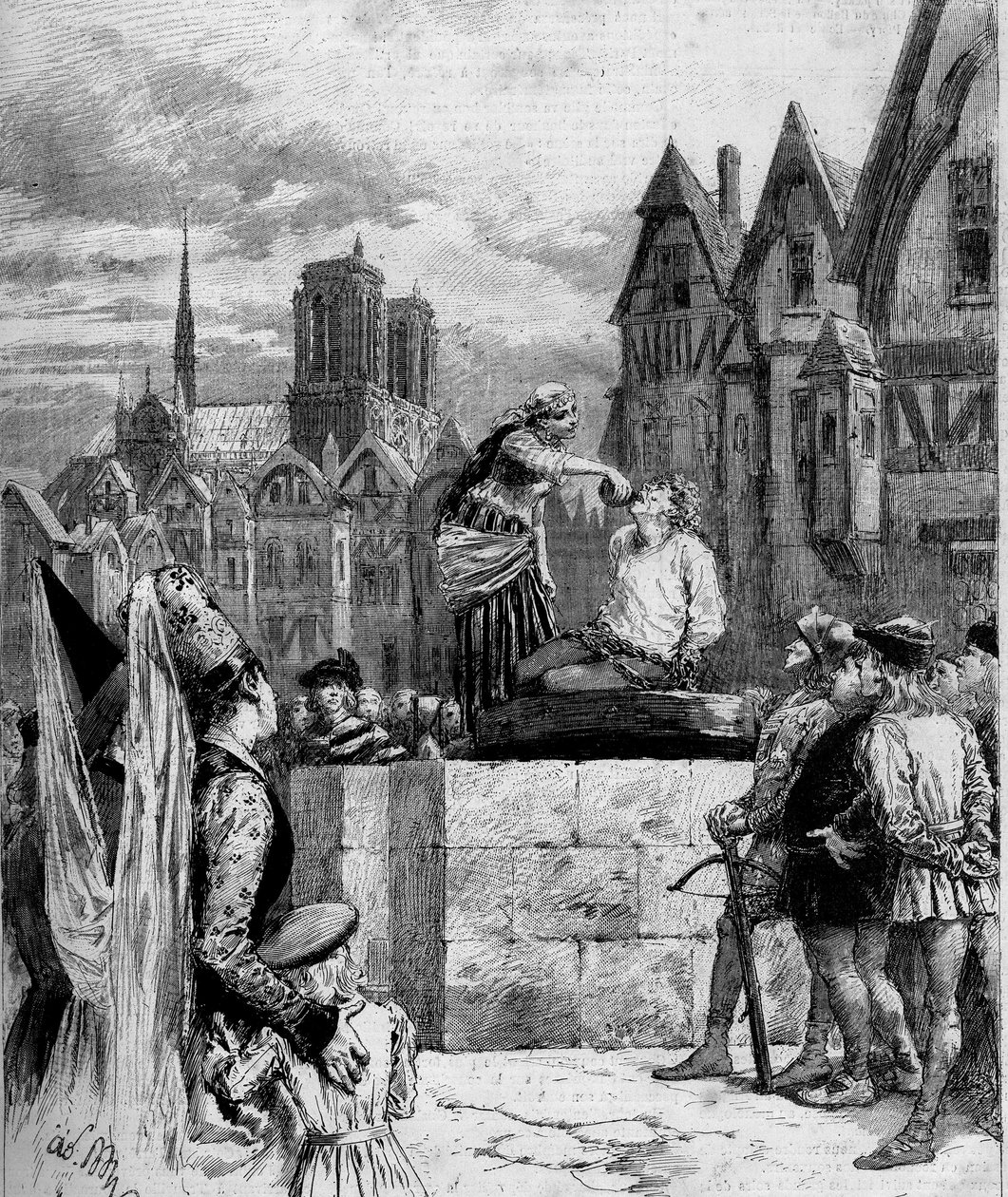Esmeralda przy drinku w Quasimodo na Place de Greve. Ilustracja „Notre Dame de Paris” Victora Hugo (1802-1885). Grawerowanie z 1879 roku. autorstwa French School