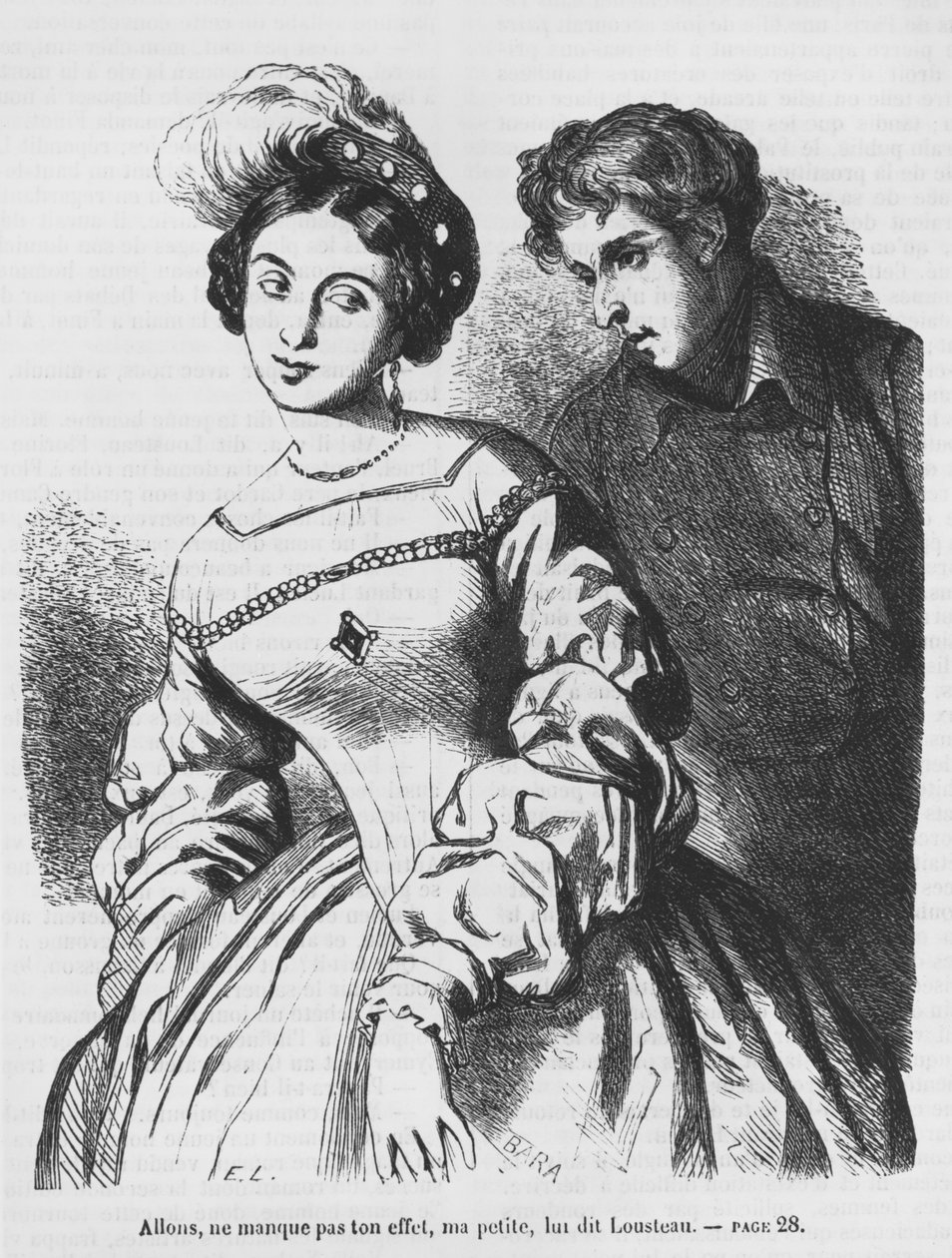 Etienne Lousteau rozmawia z aktorką, ilustracja z „Les Illusions perdues” Honore de Balzac autorstwa French School