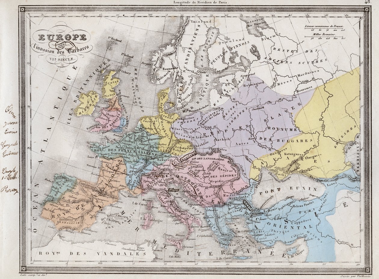 Europa po inwazji barbarzyńców w VI wieku - Tabliczka wydobyta z „”Uniwersalnego Atlasu Geografii Starożytnej i Współczesnej na Użytkowanie Szkół Mieszkalnych”” Vuillemina – ok. 1845 autorstwa French School