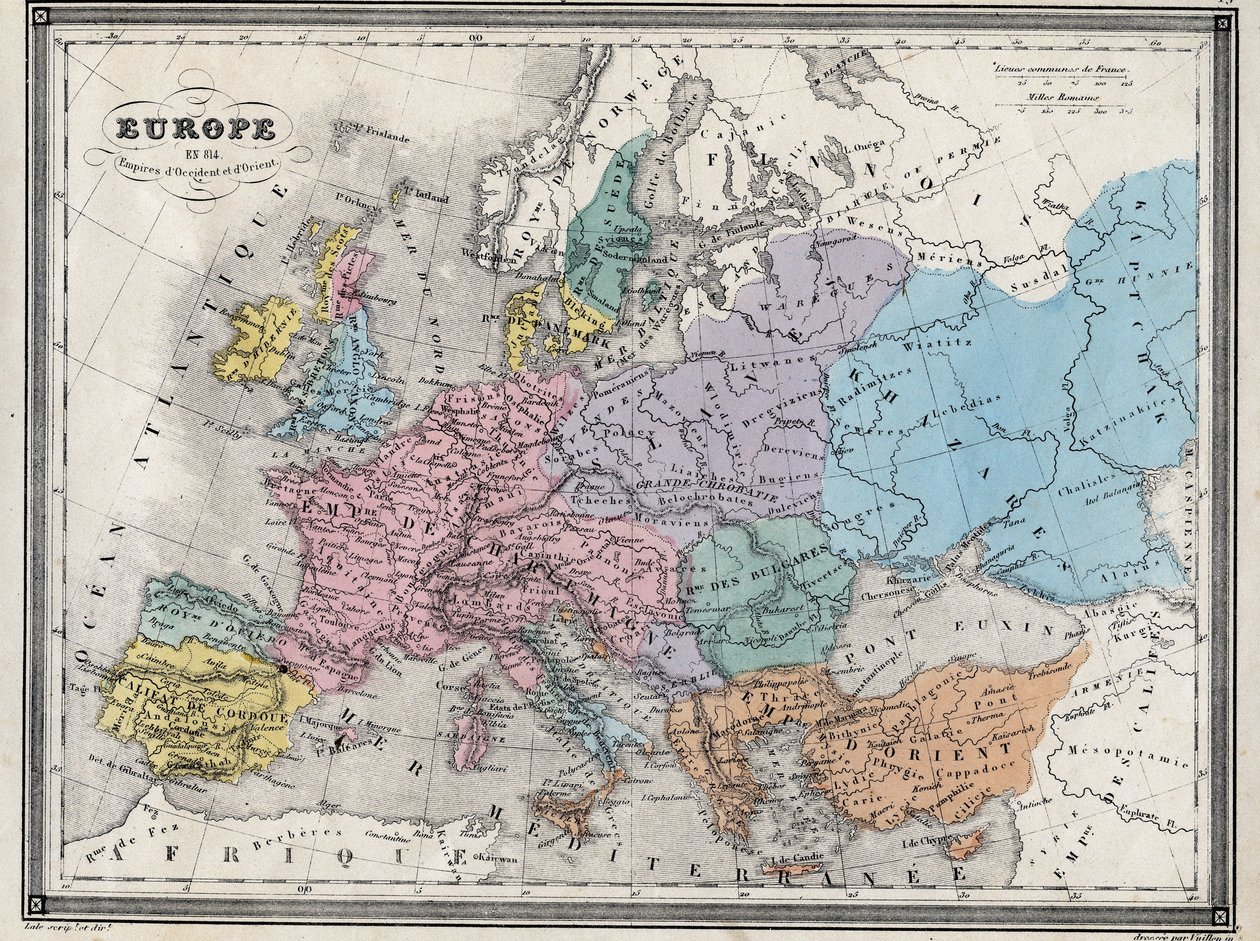 Europa w 814 r. - Imperia Zachodu i Wschodu - Płyta wydobyta z „”Uniwersalnego Atlasu Geografii Starożytnej i Współczesnej dla Użytkowania Szkół Mieszkalnych”” Vuillemina – ok. 1845 r. autorstwa French School