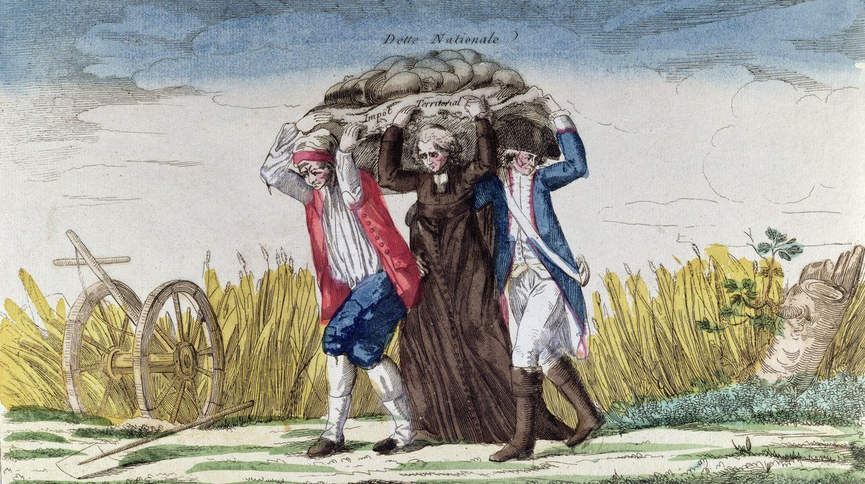 Wszyscy dźwigają ciężar podatków i długu narodowego, ok. 1789 (kolorowe grawerowanie) autorstwa French School