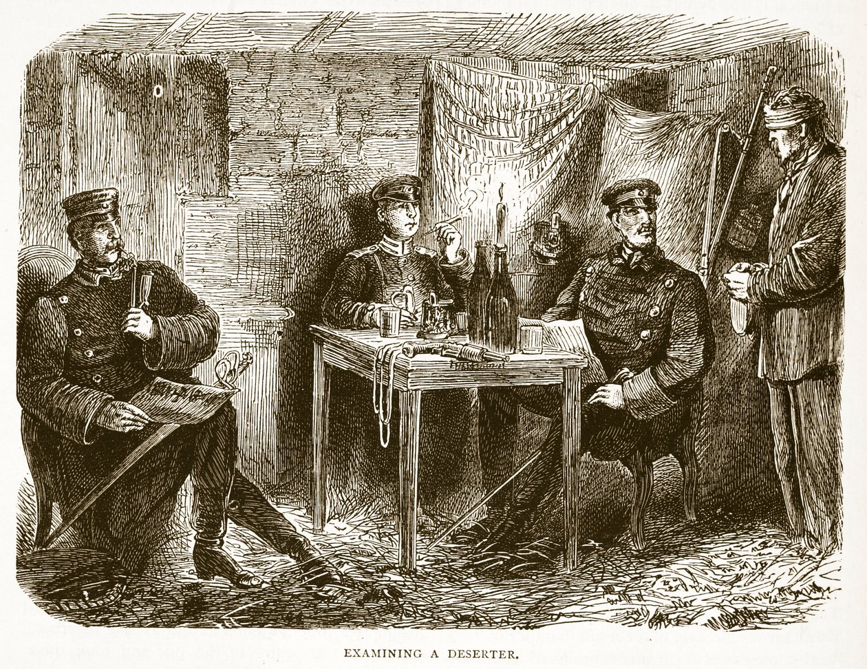 Badanie dezertera, ilustracja z Historii wojny Cassells między Francją a Niemcami, 1870-1871 autorstwa French School
