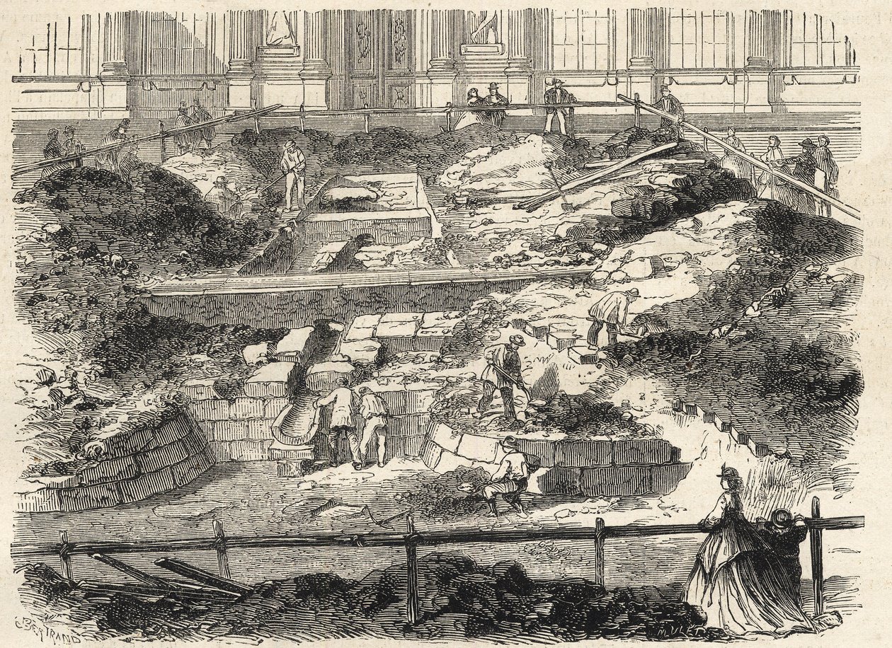 Wykopaliska w Cour Carree du Louvre - Odkrycie fundamentów dawnej wieży Philippe Auguste - Wykopaliska wykonane na dziedzińcu Luwru - aktualizacja fundamentów dawnego Tour Philippe-Auguste - Grawerowanie w „Le monde i autorstwa French School