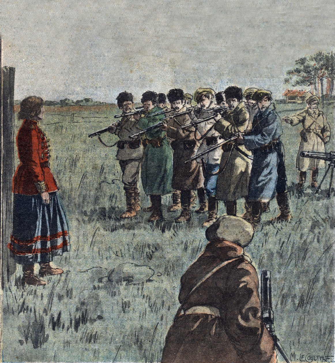 Egzekucja ukraińskiej anarchistki Marii Nikiforowej przez sowieckich żołnierzy, ilustracja z "Le Pelerin autorstwa French School