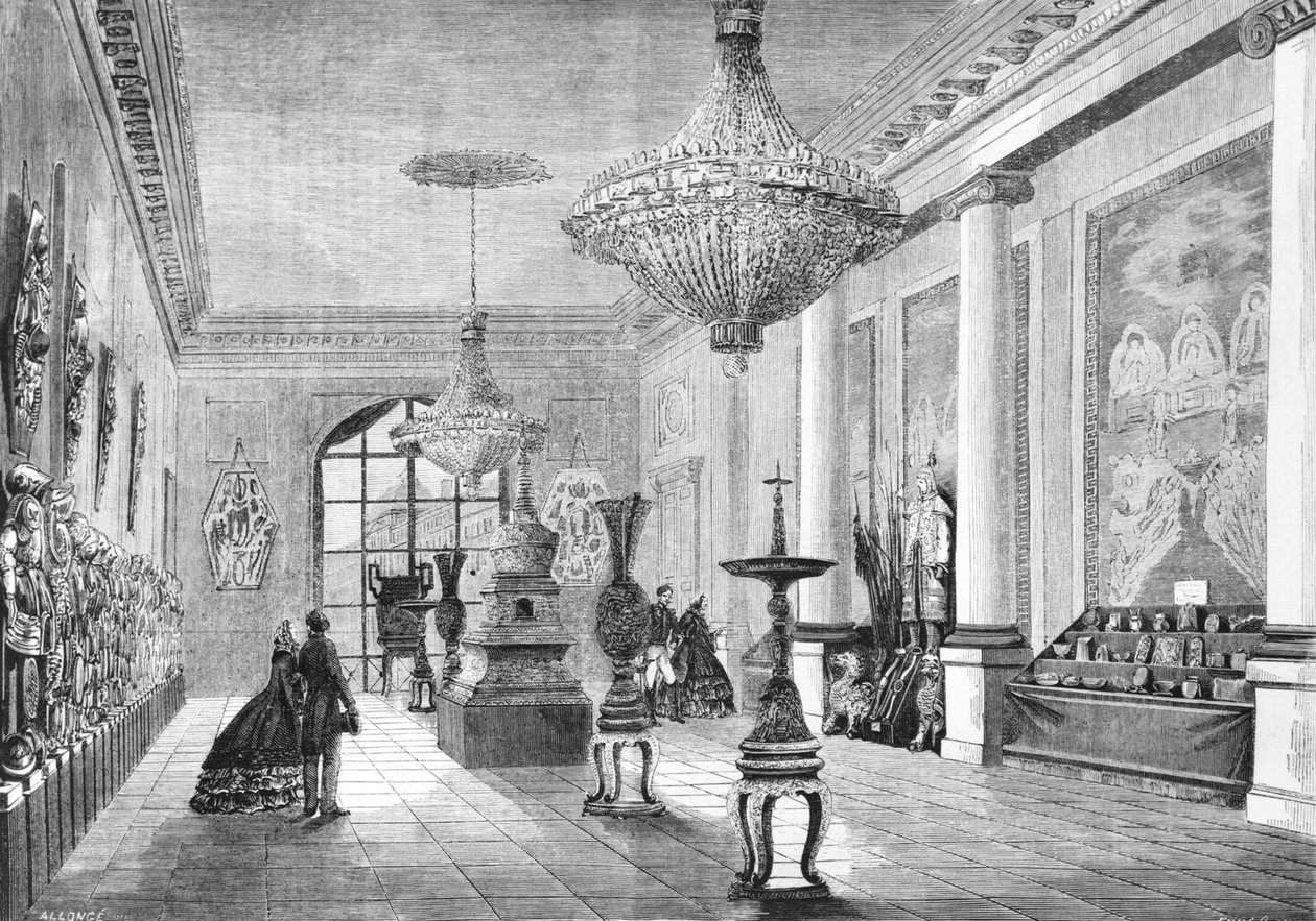 Wystawa ciekawostek chińskich podarowanych cesarzowi przez wojska ekspedycyjne, ilustracja z Le Monde Illustre, 1861 autorstwa French School