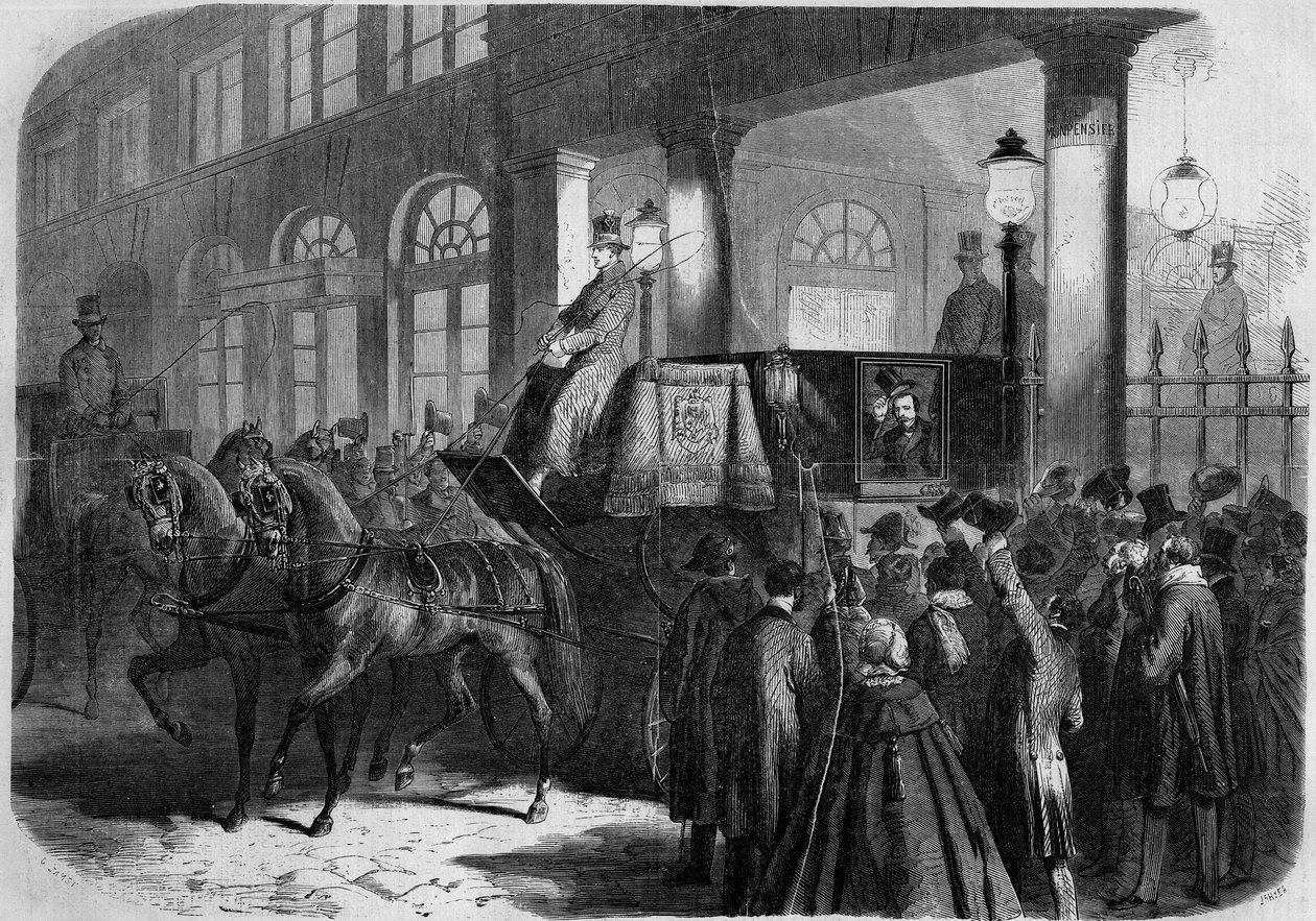 Wyjście cesarza Napoleona III (1808-1873) z Komedii Francuskiej (Comedie-Francaise) po przedstawieniu „Chatterton””. Paryż autorstwa French School