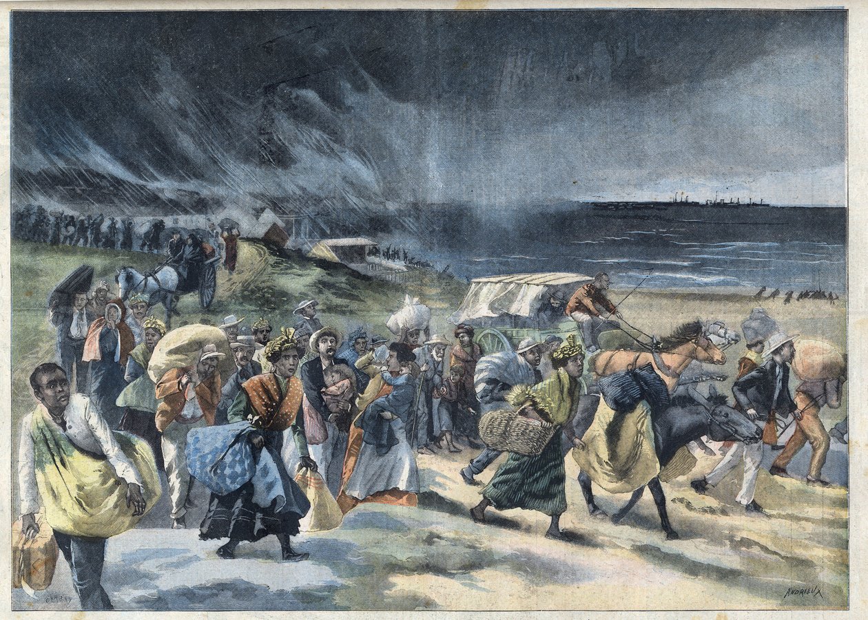 Exodus mieszkańców Fort de France (Fort-de-France) po wybuchu wulkanu de la Montagne Pelee na Martynice. Grawer w „”Le Petro Parisien”” autorstwa French School