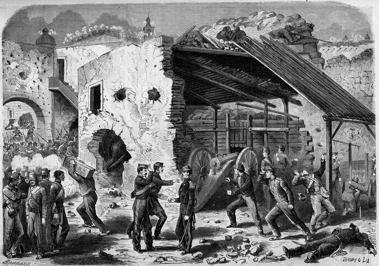 Wyprawa do Meksyku (1861-1867) - oblężenie Puebli - 1863: atak wojsk francuskich na szkielet (blok domu). Po wejściu do miasta francuscy żołnierze musieli walczyć kwadrans po kwadransie. Grawerowanie w „Świat I autorstwa French School