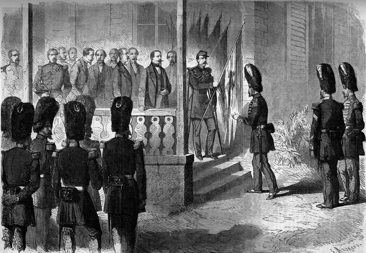 Wyprawa do Meksyku (1861-1867): Napoleon III (1808-1873) ma sierżantów pułków grenadierów gwardii, biorąc pod uwagę flagi zdobyte przez armię francuską w Meksyku autorstwa French School