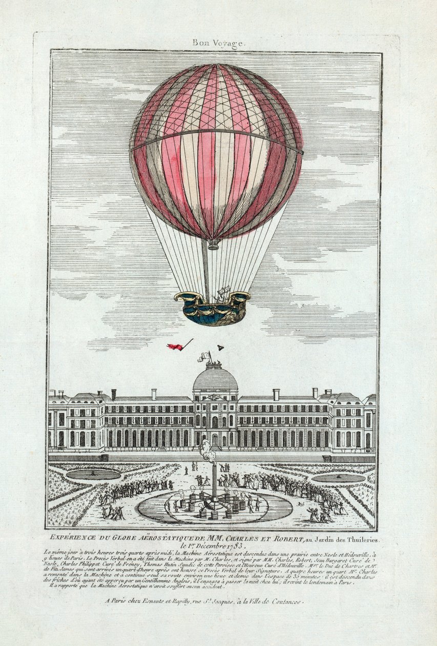 Doświadczenie aerostatycznego globu MM. Charles i Robert w Jardin des Thuileries 1 grudnia 1783, wyd. 1783 (grawerowanie ręcznie kolorowane) autorstwa French School