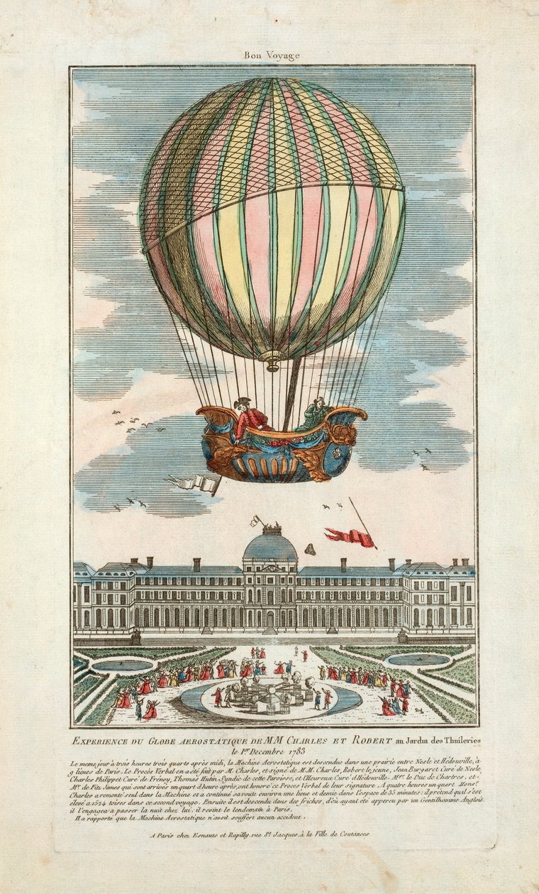 Doświadczenie aerostatycznego globu MM. Charles i Robert w Jardin des Thuileries 1 grudnia 1783, wyd. 1783 (grawerowanie ręcznie kolorowane) autorstwa French School