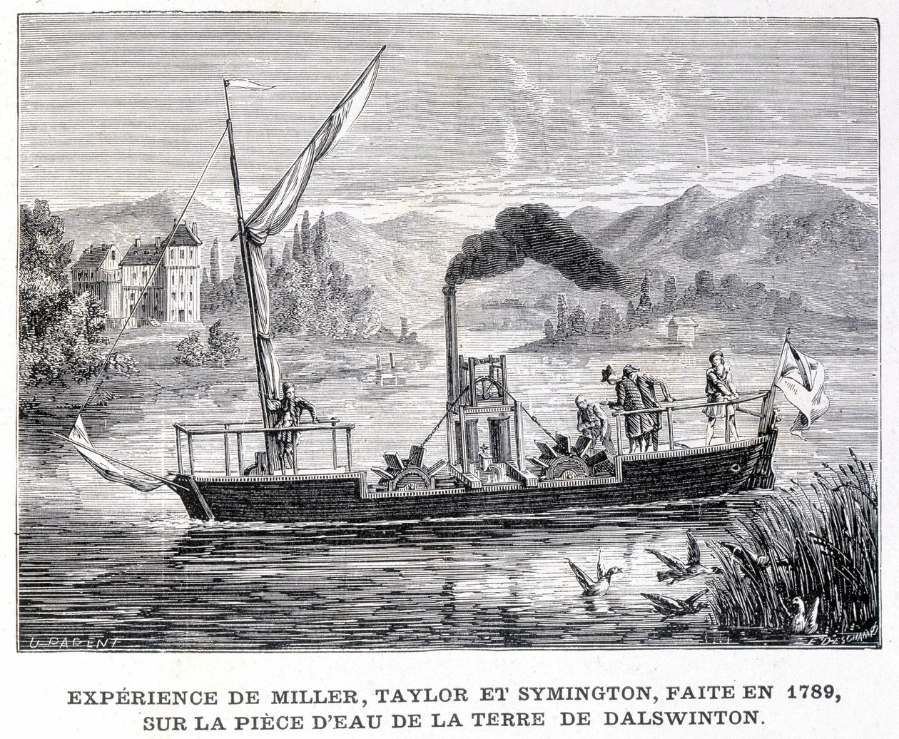 Doświadczenie Millera, Taylora i Symingtona, wykonane w 1789 roku, na wodnym kawałku ziemi Dalswintona - w „Albumie nauki”; wybitni uczeni; Wielkie odkrycia”” 1896. autorstwa French School