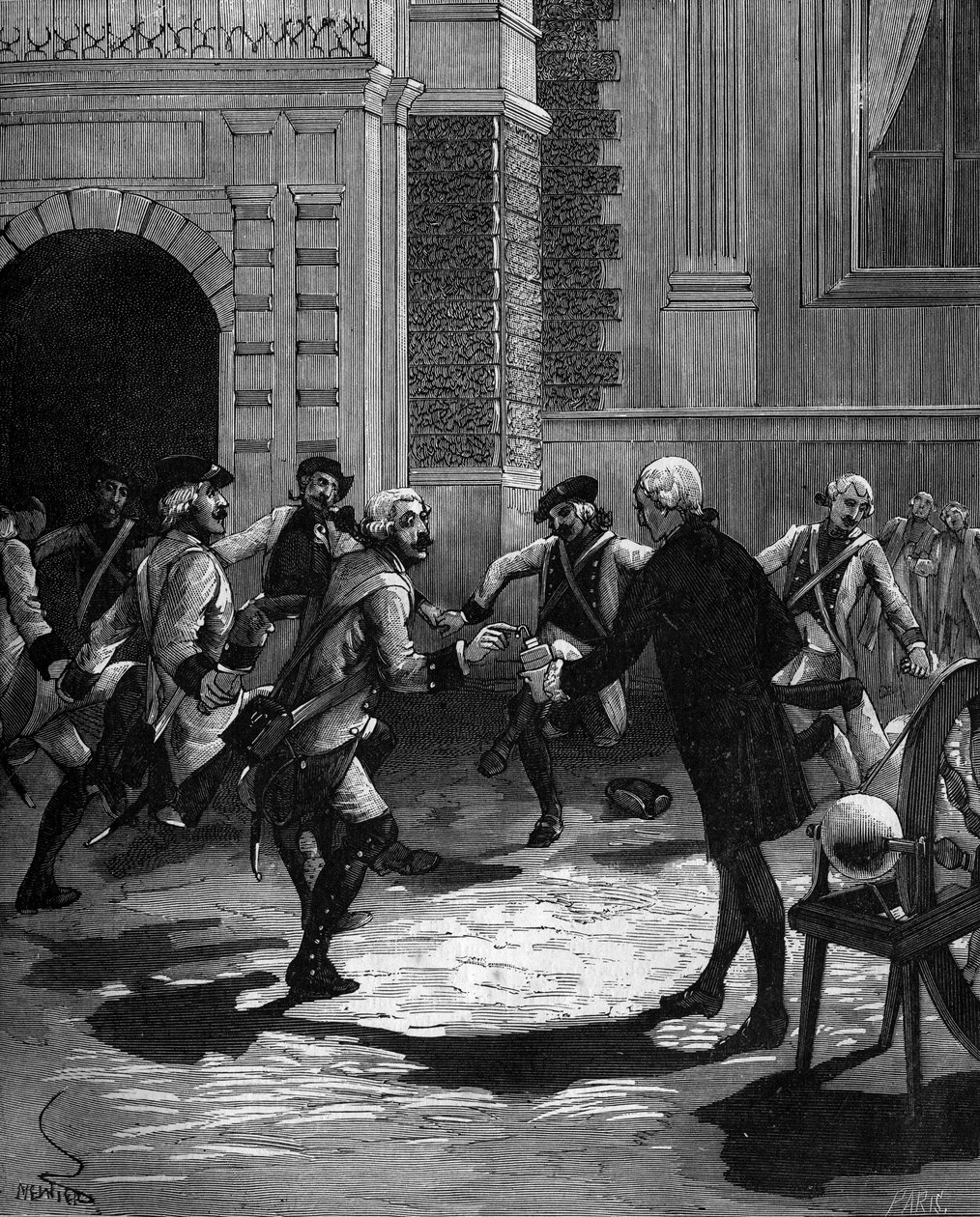 Doświadczenie butelki Lejdy Abbe Jean Antoine Nollet (Jean-Antoine) (1700-1770), francuski fizyk w Wersalu, gdzie w tym samym czasie uderzono 180 strażników.1746. autorstwa French School