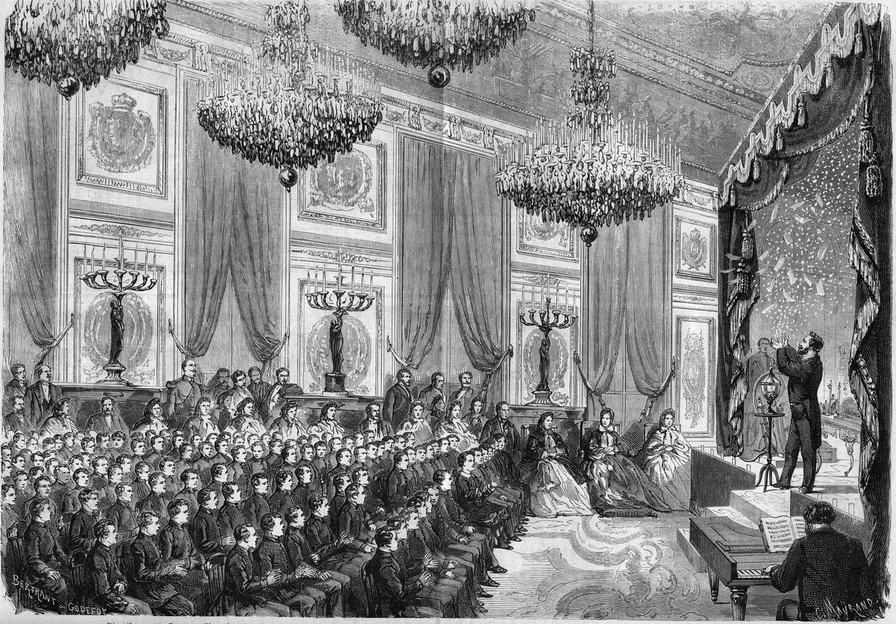 Eksperymenty fizyczne przeprowadzone przez Henri Robina (około 1803-1874) na cześć najlepszych uczniów liceów paryskich, pokaz zaoferowany przez księcia cesarskiego w pałacu Tuileries, 27 stycznia 1865 r. Obecny: książę cesarski, syn N. autorstwa French School