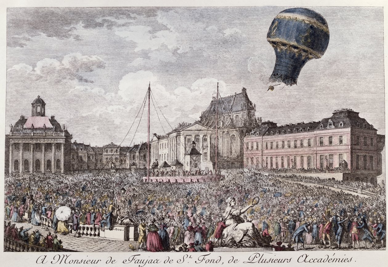 Eksperyment w Wersalu braci Montgolfier z lotem balonu na ogrzane powietrze Montgolfiere z koguta, kaczki i owcy 19 września 1783 r. autorstwa French School