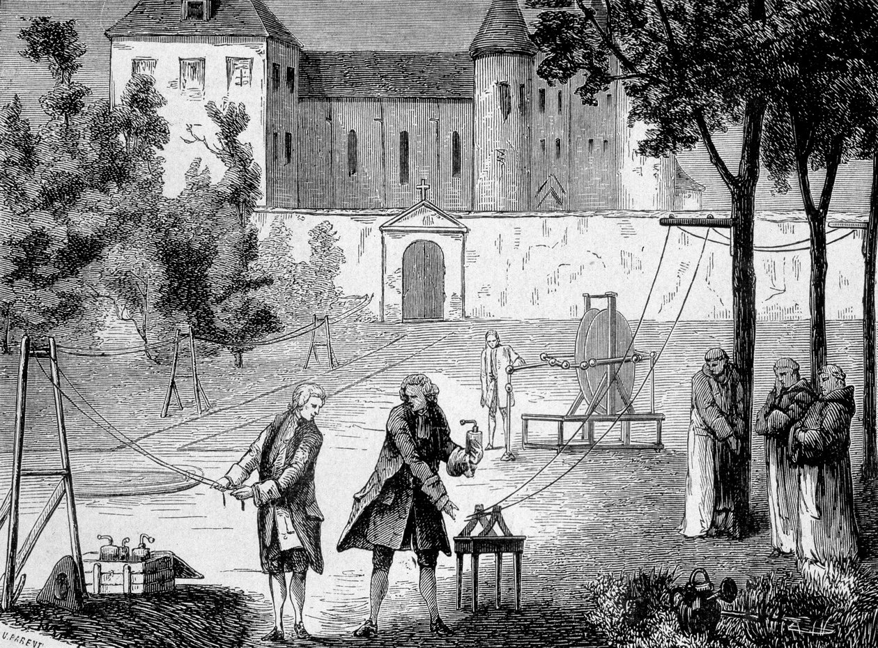 Eksperyment wykonany w 1746 r. przez Lemonniera w klasztorze Chartreux, aby docenić prędkość elektryczności - w „Album de la Science; wybitni naukowcy; Wielkie odkrycia”” 1896. autorstwa French School