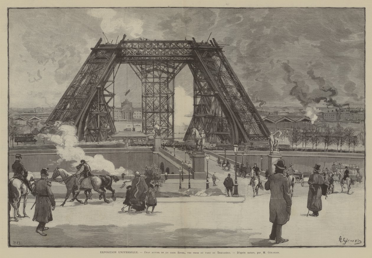 Exposition Universelle, obecny stan wieży Eiffla, widok z parku Trocadero (rycina) autorstwa French School