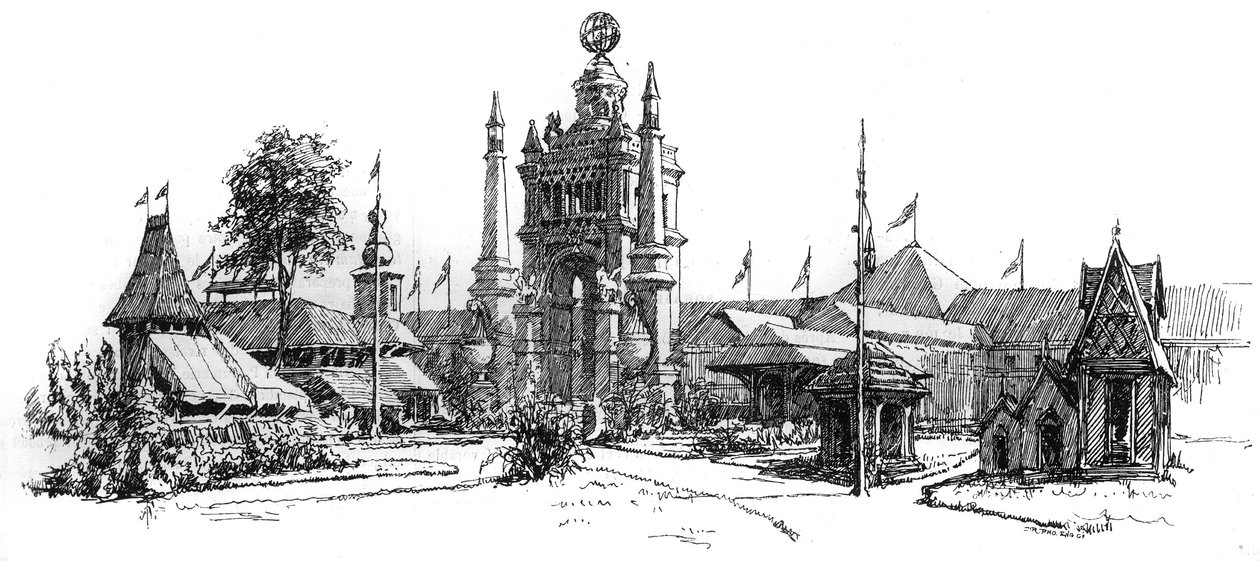 Wystawa powszechna w Antwerpii (Belgia) w 1885 r.: widok budynków wystawowych. Grawer w „Le Monde Illustre”, 22 sierpnia 1885 r. autorstwa French School