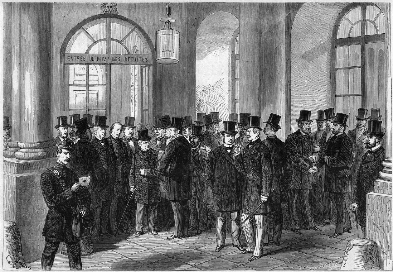 Przedłużenie prezydenckiej kadencji marszałka Mac-Mahon (Mac Mahon), ustanowienie septennatu we Francji, listopad 1873: widok drzwi wejściowych Zgromadzenia Wersalskiego, w dniu dyskusji nad prorogacją. Od lewej do prawej autorstwa French School