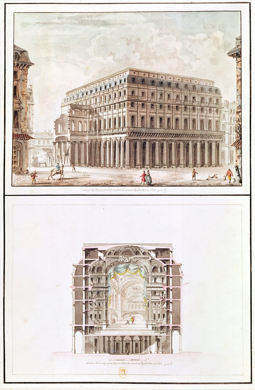 Zewnętrzna część i przekrój wnętrza Theatre des Varietes, 6 rue de Richelieu autorstwa French School