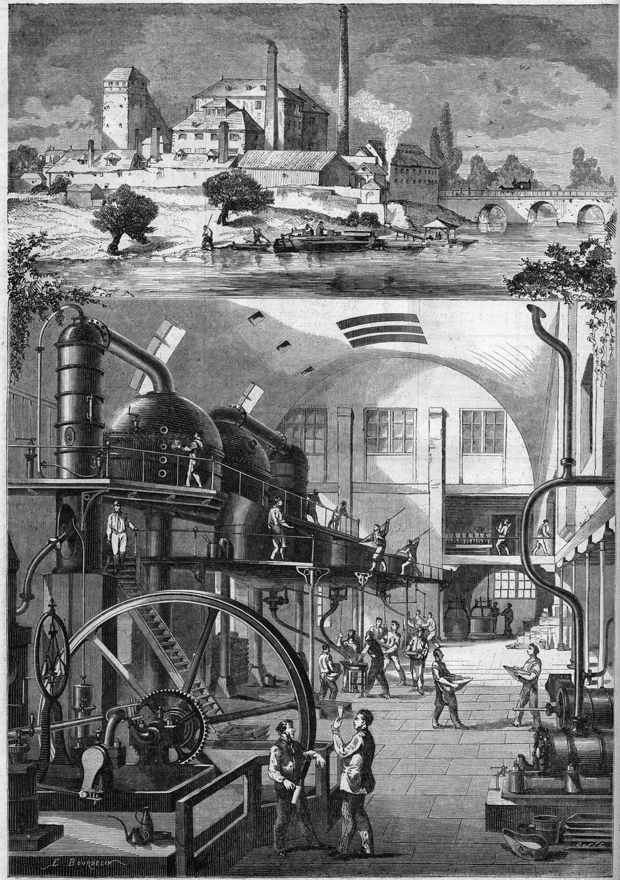 Widok z zewnątrz i główne warsztaty dużej cukrowni Les Recollets, należącej do pana Cedarda w Nantes w 1864 r. Grawer „”Le Monde Illustré” nr 380 z 23 lipca 1864 r. autorstwa French School