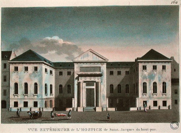 Widok zewnętrzny Hospicjum Saint-Jacques, ok. 1800 (kolorowy grawerunek) autorstwa French School