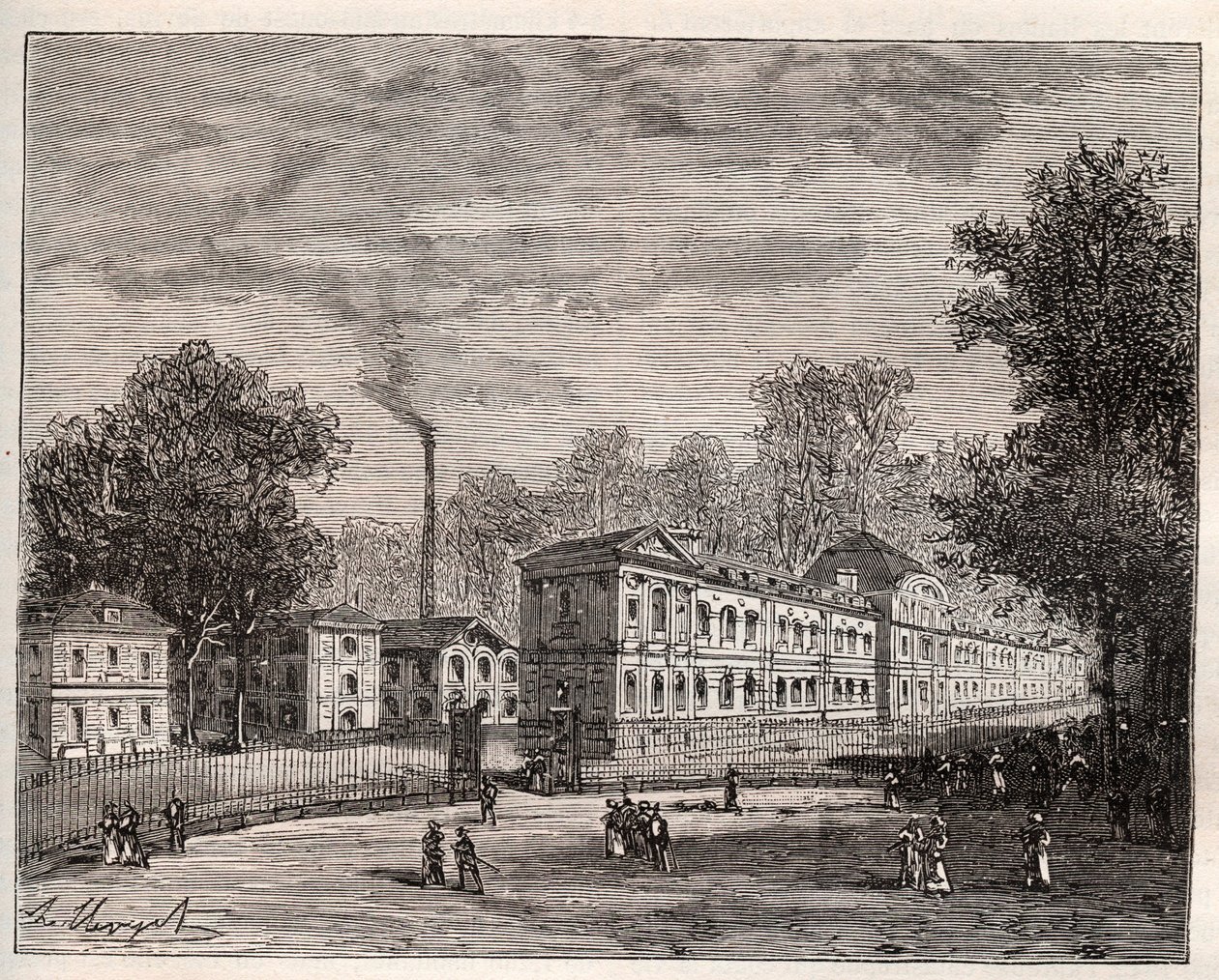 Widok z zewnątrz na Imperiale Fabrykę Porcelany w Sevres, wybudowaną w parku Saint Cloud według planów architekta Laudina - rycina w „Ilustracja Francji: geografia, historia, administracja statystyczna” autorstwa V.-A. Słodowo-Brązowy. 1884 autorstwa French School