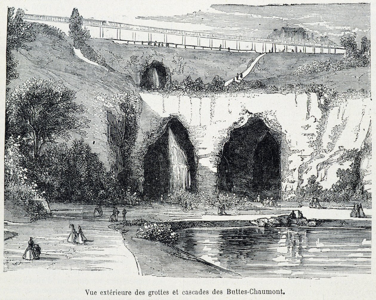 Zewnętrzny widok na kaskady i jaskinie Buttes Chaumont, rycina z XIX wieku autorstwa French School