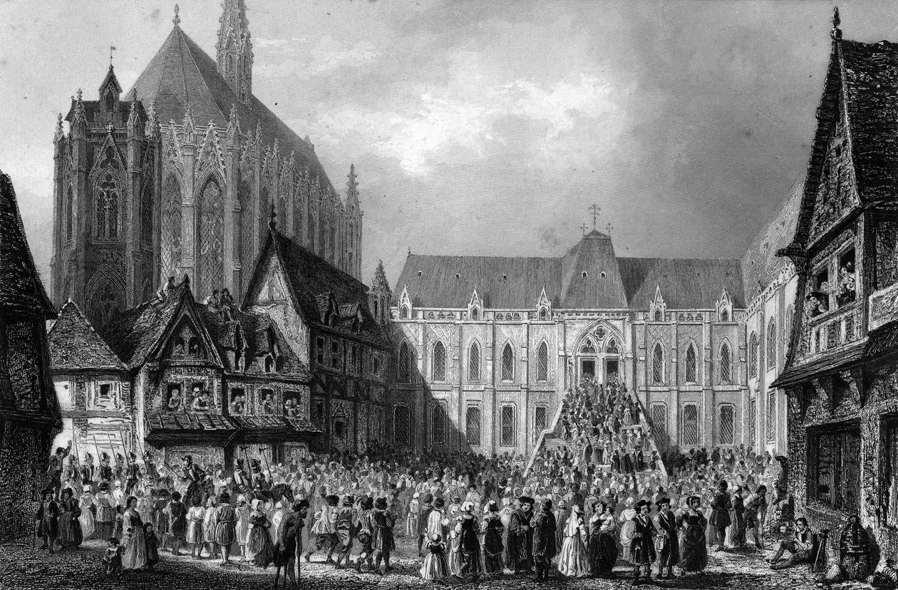Zewnętrzny widok na gmach sądu. W „Notre Dame de Paris” Victora Hugo, rycina z 1844 roku. autorstwa French School