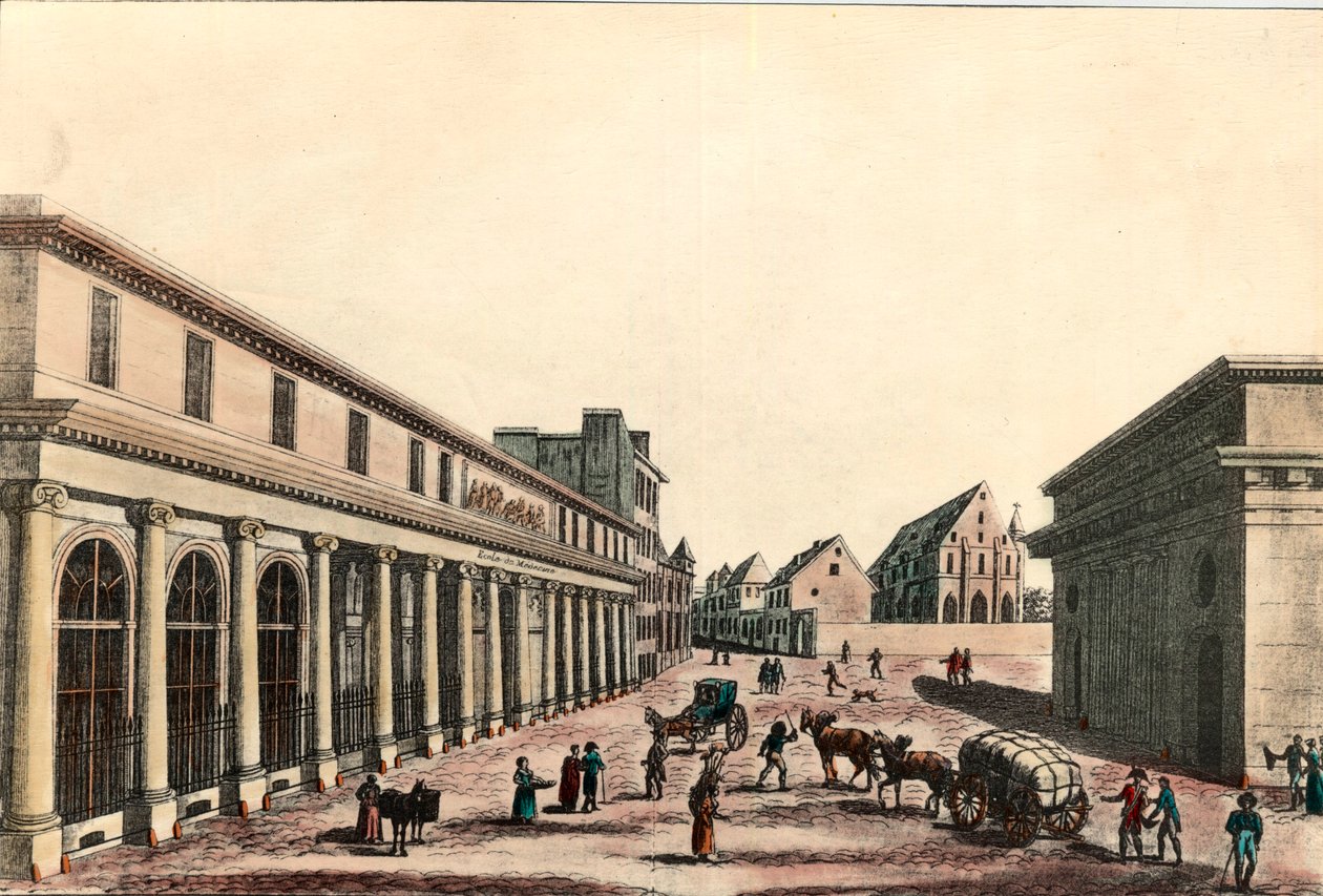 Wygląd zewnętrzny szkoły medycznej w Paryżu pod konsulatem (1799-1804). Grawerowanie XIX wieku. Prywatna kolekcja. autorstwa French School