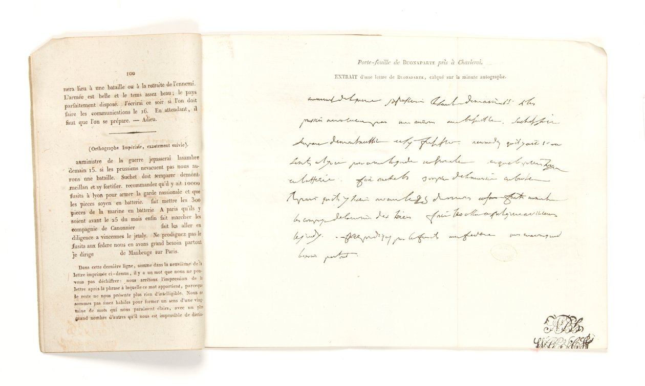 Wyciąg z listu Bonapartego, z „Portefeuille de Buonaparte pris à Charleroi le 18 juin 1815” (pióro i atrament na papierze) autorstwa French School