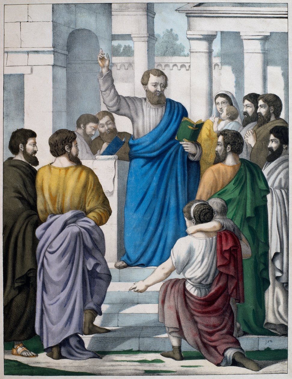 Ezdrasz czyta księgę Prawa Mojżeszowego, ilustracja z katechizmu LHistoire Sainte, wyd. Charles Delagrave, Paryż, koniec XIX w. autorstwa French School
