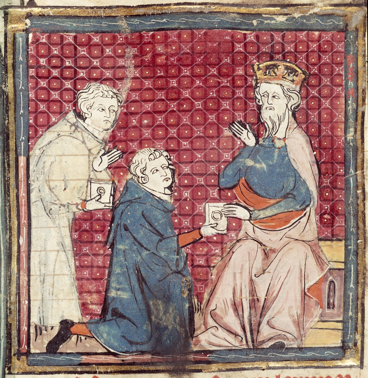 F.117r Posłańcy opowiadający Karolowi Wielkiemu o zwycięstwie nad Saracenami, z Grandes Chroniques de France, 1375-79 autorstwa French School