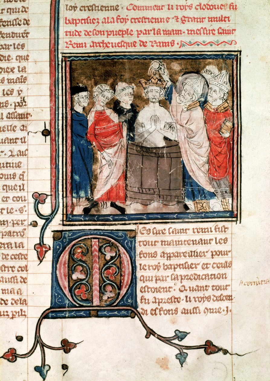 F.11r Św. Remigiusz (ok.438-533) Biskup Reims, chrzest i namaszczenie Chlodwiga I (465-511) Króla Franków, z Grandes Chroniques de France, 1375-79 autorstwa French School