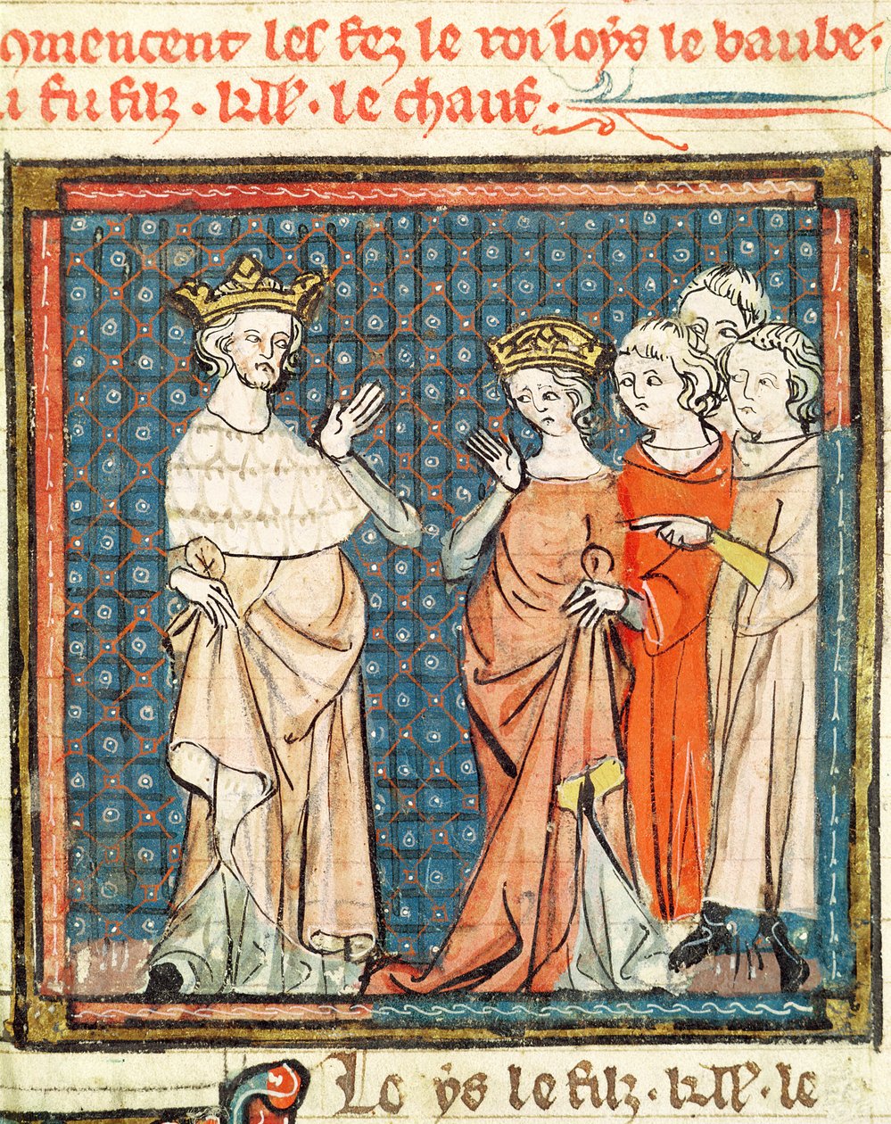 F.180r Ślub Ludwika II (846-79) Jąkała i Adelajdy Frioul, królowej Akwitanii, z Grandes Chroniques de France 1375-79 autorstwa French School