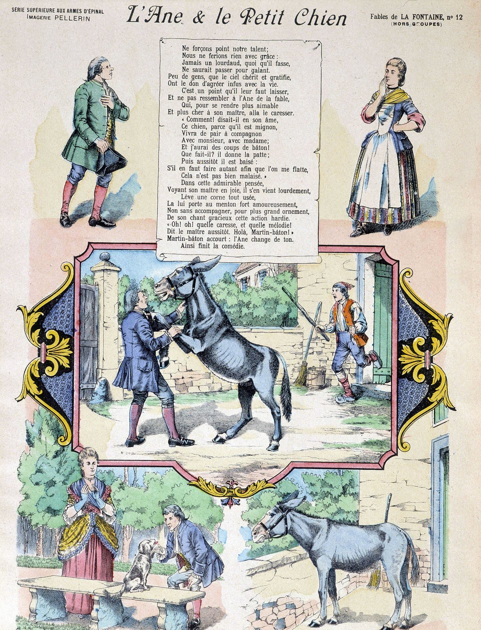 Fable de La Fontaine „Osioł i piesek”. Obraz autorstwa Epinal-Pellerin autorstwa French School