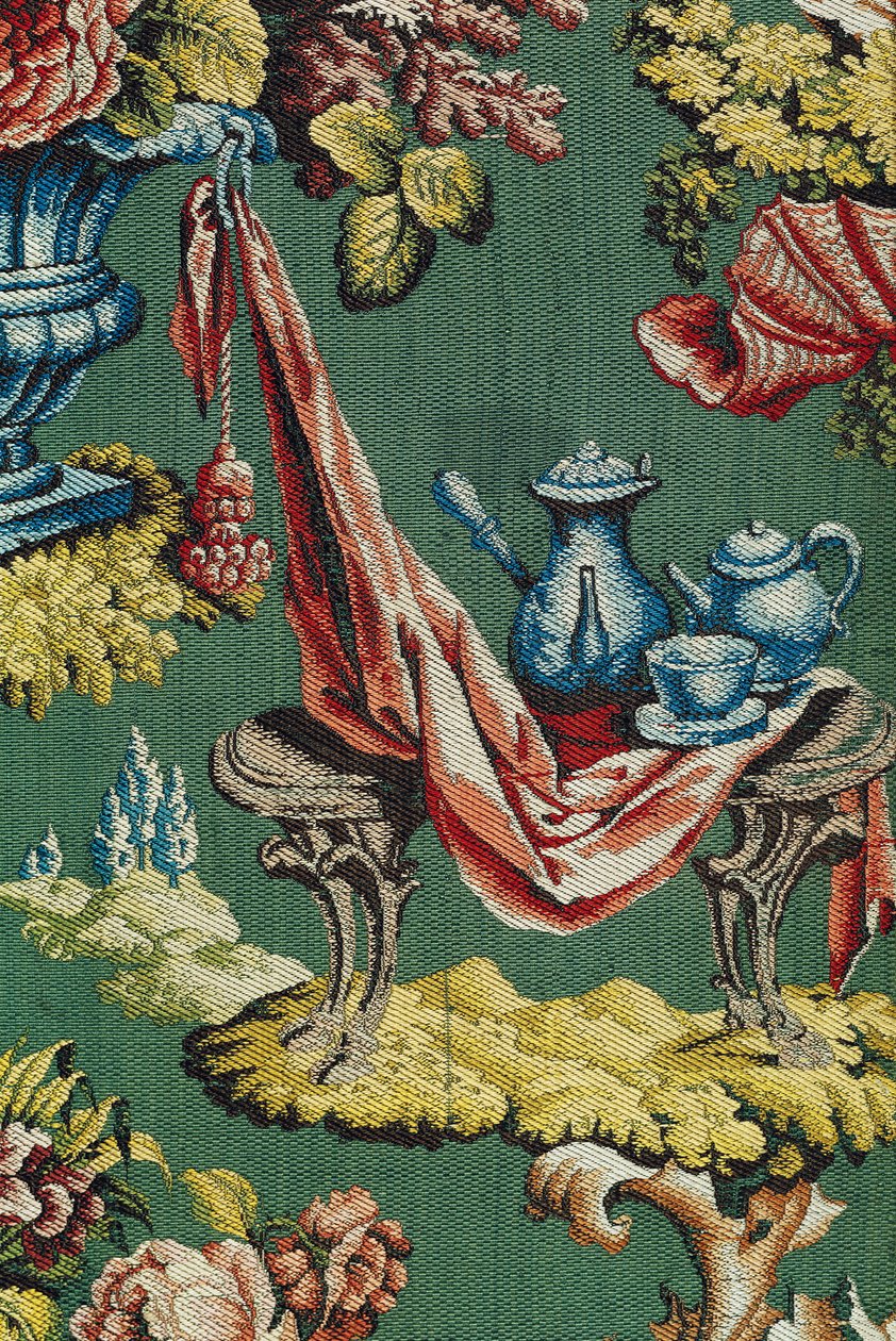 Tkanina przedstawiająca dzbanek do czekolady i czajniczek, warsztat lyoński, ok. 1730 (jedwab) autorstwa French School