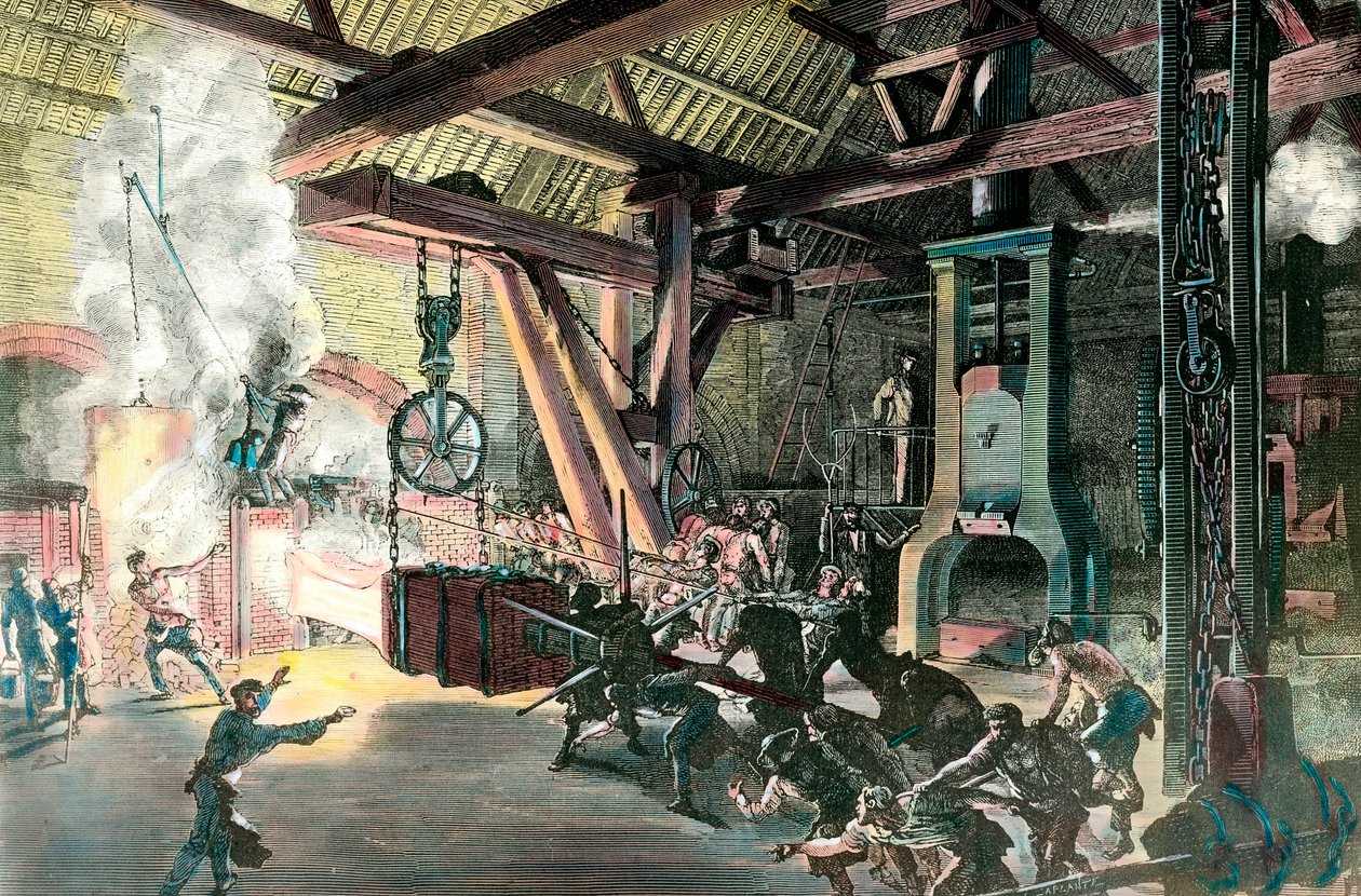 Fabryka: „”Le hamteau perkusista (młot-perkusista) des forges du Creusot w 1865”” Grawer około 1865. Zbiory prywatne autorstwa French School