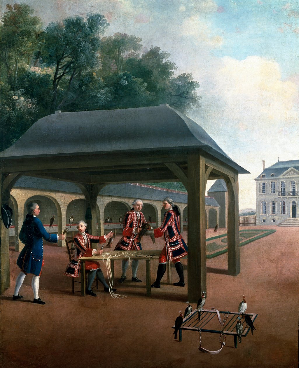 Hodowla sokołów sokolniczych do polowań. Malarstwo szkoły francuskiej XVIII wieku. Wersal, muzeum zamkowe autorstwa French School