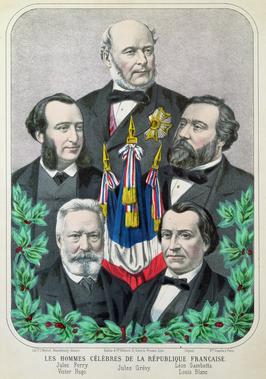 Znani ludzie Republiki Francuskiej: Jules Ferry (1832-93) Jules Grevy (1807-91) Leon Gambetta (1838-82) Victor Hugo (1802-85) i Louis Blanc (1813-82) 1873 autorstwa French School