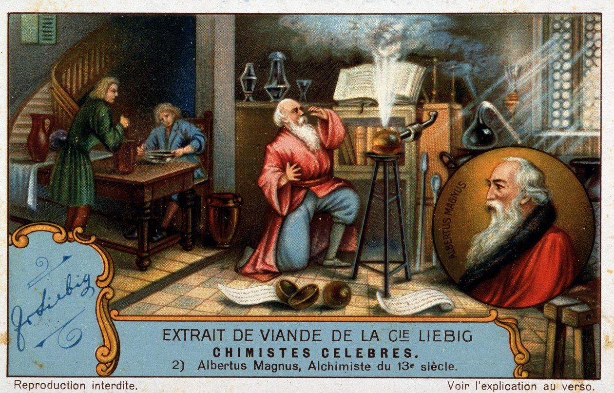 Znani chemicy: Albrecht von Bollstadt znany jako Albert Wielki lub Albertus Magnus (1206 - 1280), brat dominikanin, niemiecki chemik i alchemik, profesor Tomasza z Akwinu, mogą być przedstawieni jako praktykanci na zdjęciu autorstwa French School