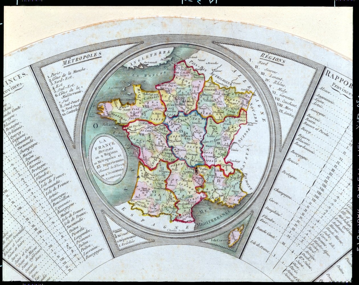 Wachlarz przedstawiający mapę Francji podzieloną na 9 regionów, 10 metropolii i 83 departamenty, 1790 autorstwa French School