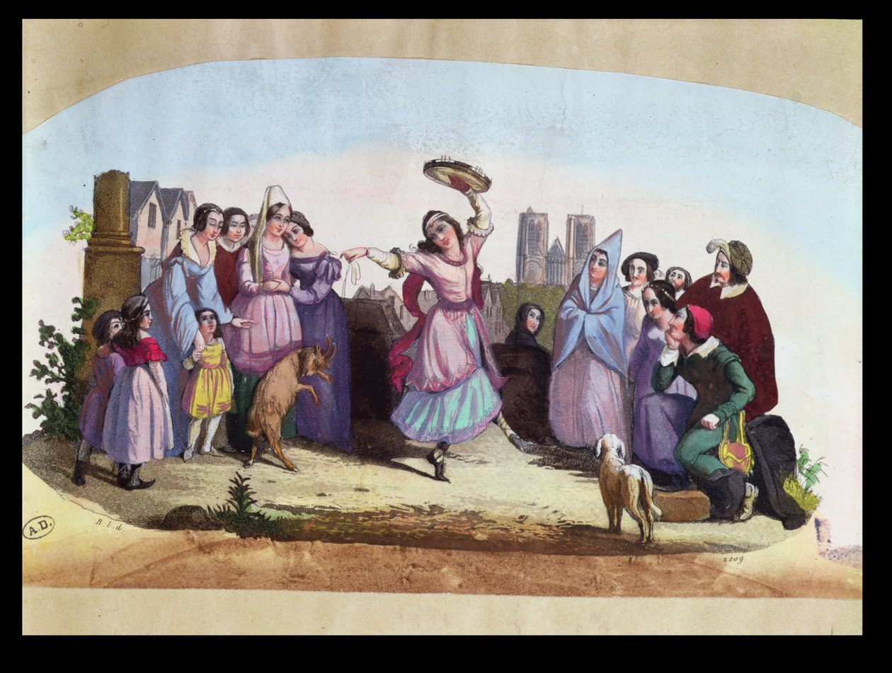Wachlarz przedstawiający scenę z La Esmeralda, opery Louise-Angelique Bertin (1805-77) według powieści Victora Hugo (1802-1885) c.1836 autorstwa French School