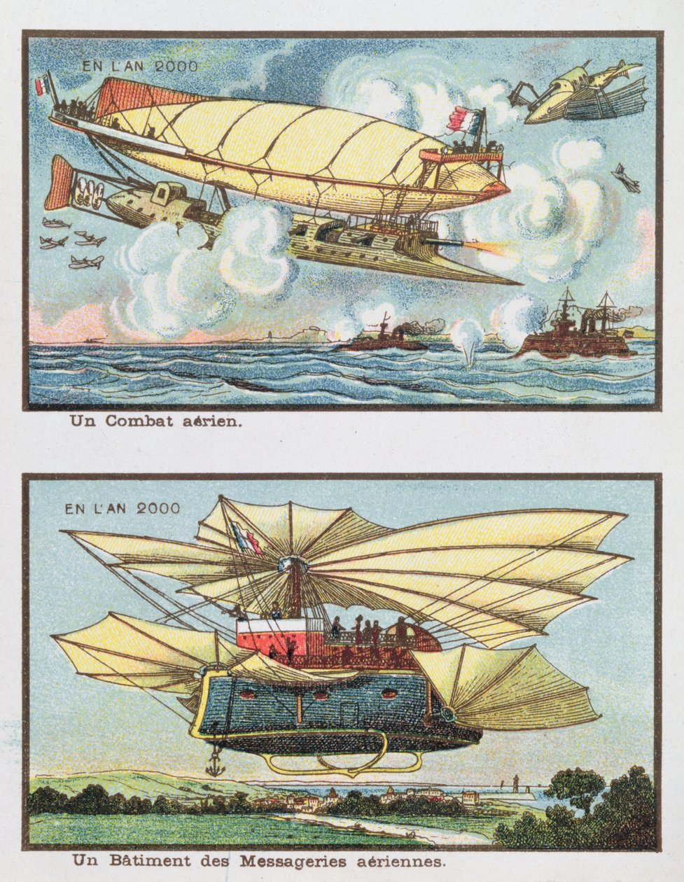 Fantazyjne przedstawienia bitwy powietrznej i samolotu do przewozu towarów w 2000 r., ok. 1910 r. autorstwa French School